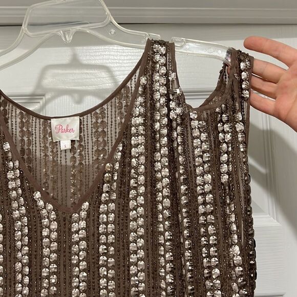 Parker 100% silk embroidered brown cut off top blouse outgoing Sz S - Picture 5 of 10